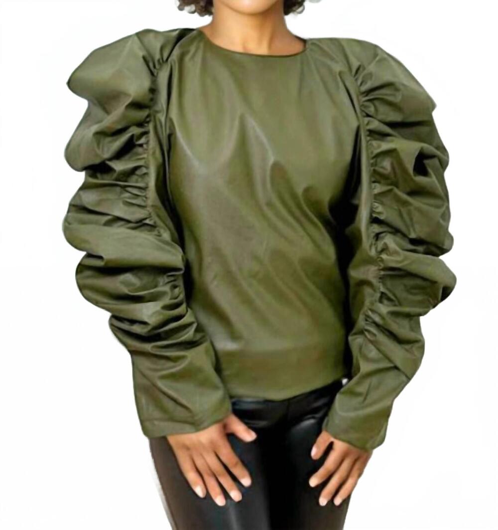 NEW N BY NANCY faux leather ruffle sleeve top in olive